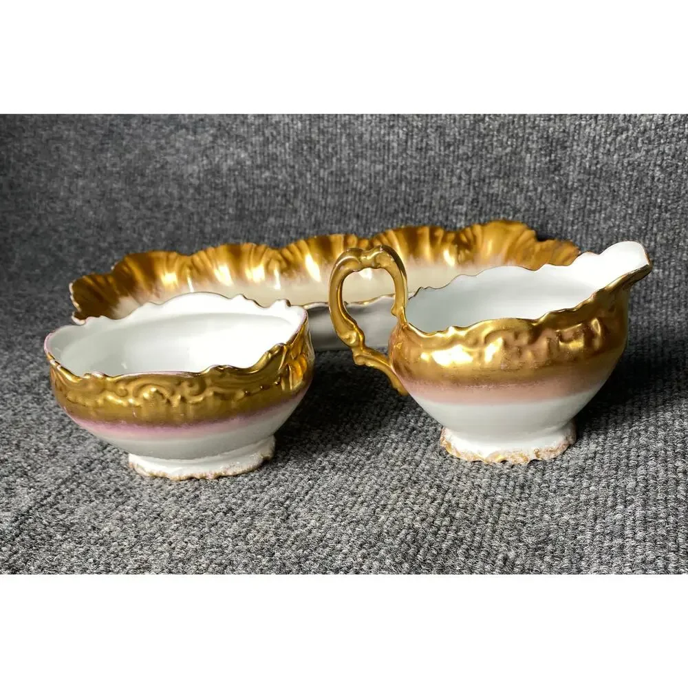 Haviland Limoges Porcelain Gold Gilded Creamer & Sugar Bowl w/Plate Set c1900